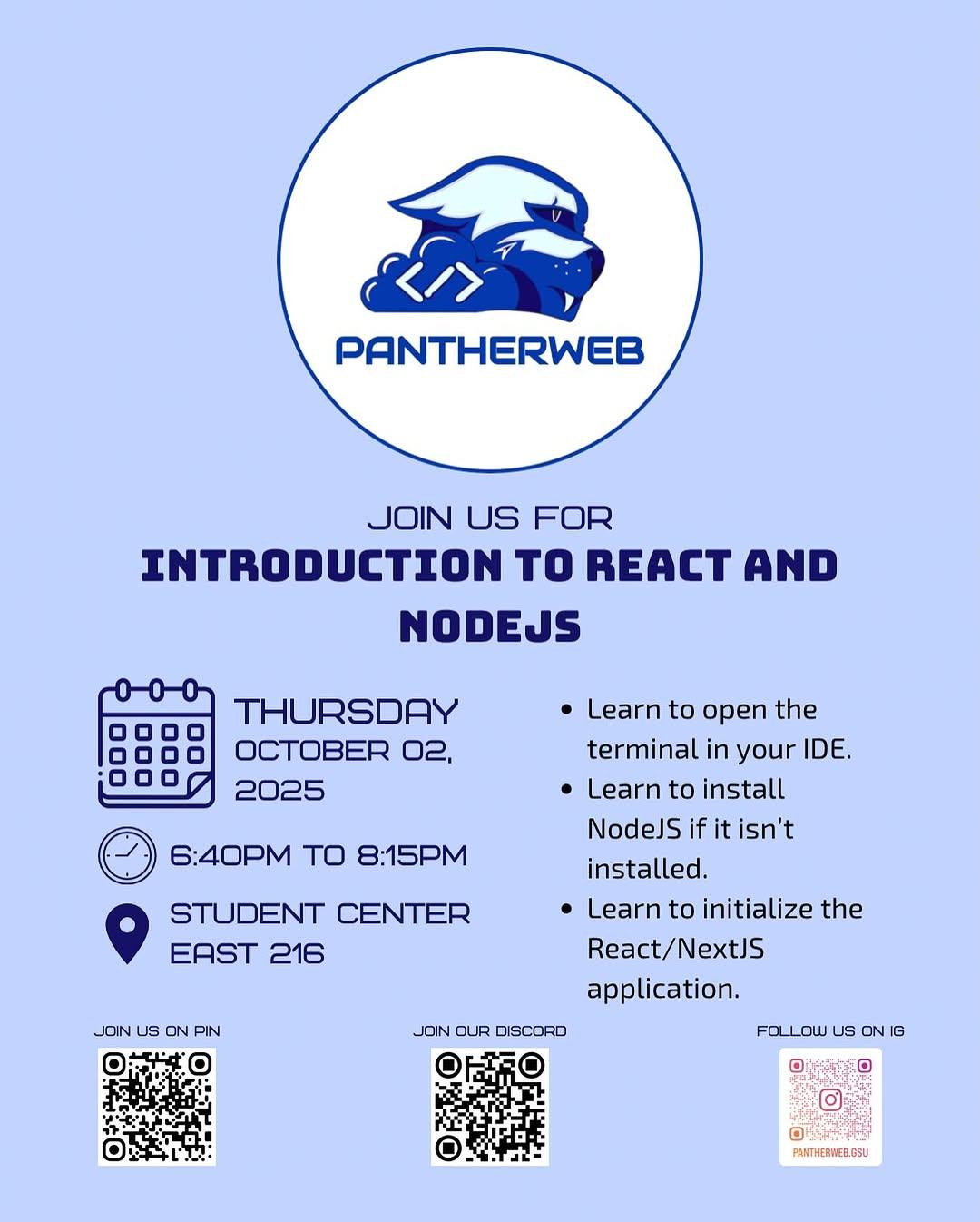 Flyer for Introduction to React and NodeJS, Thursday, October 2, 2025, 6:40 to 8:15 PM in Student Center East 216